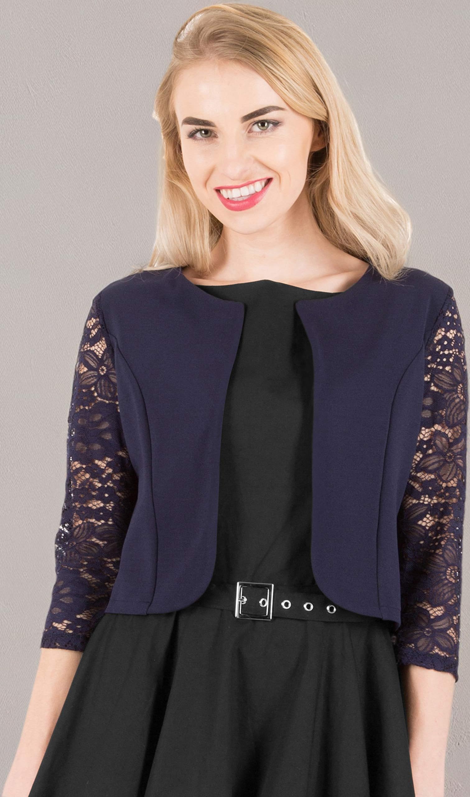 BlackButterfly Cropped 3/4 Lace Sleeve Open Bolero Evening Blouse - Image 6