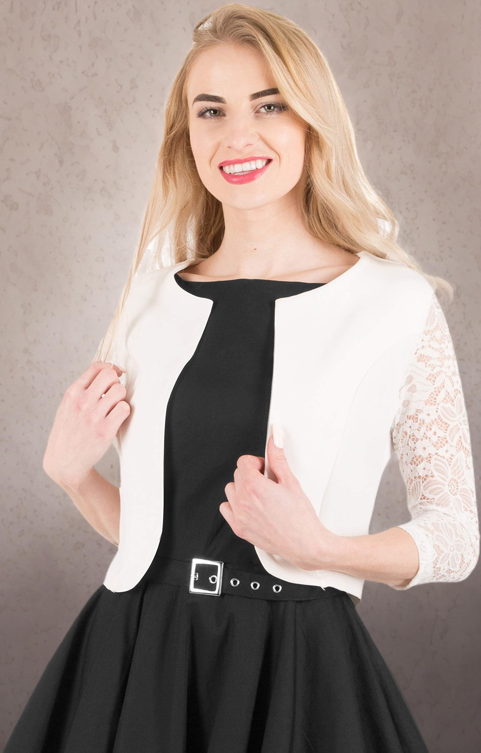 BlackButterfly Cropped 3/4 Lace Sleeve Open Bolero Evening Blouse - Image 6