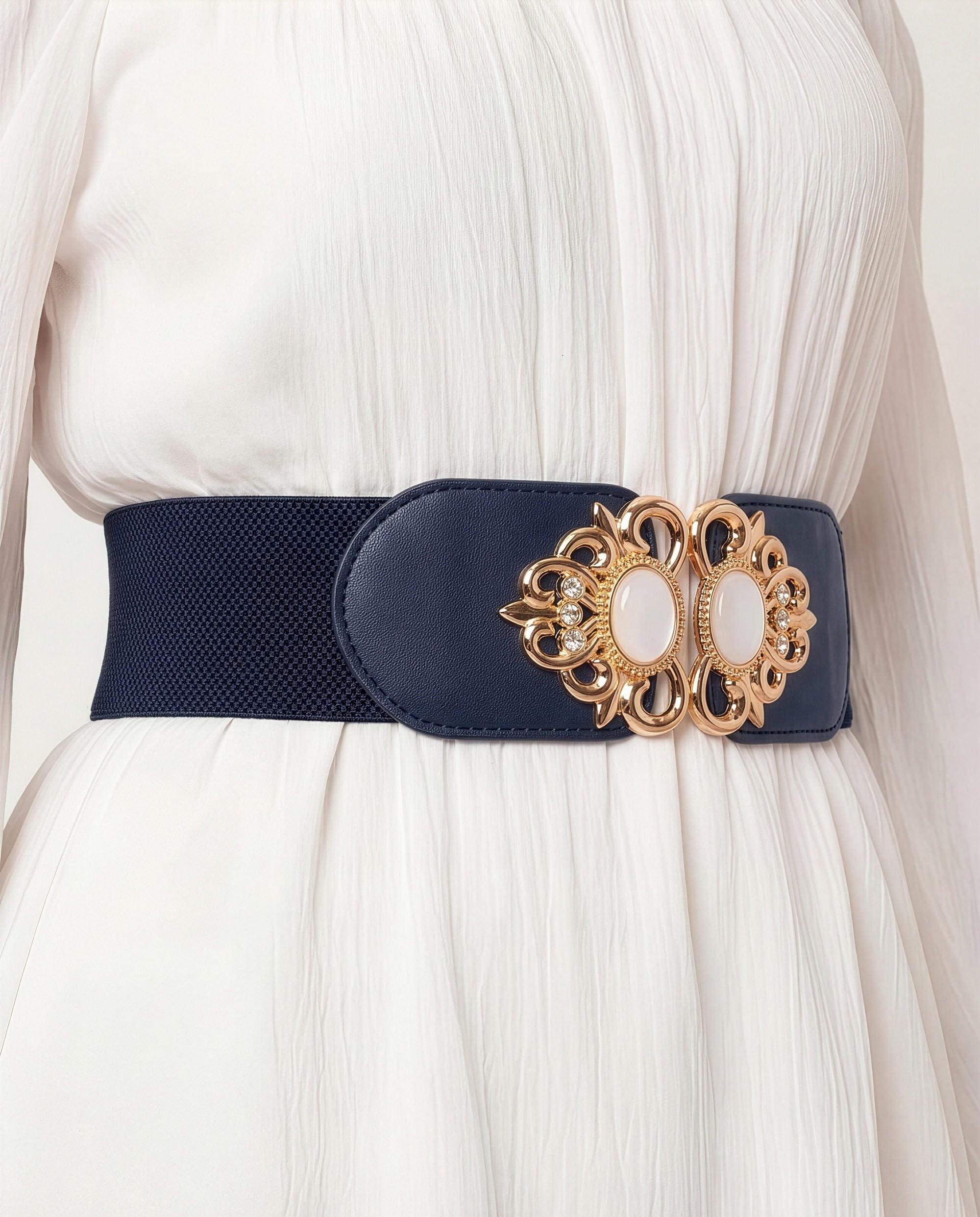 BlackButterfly Stretchy Vintage Wide Waspie Elastic Pearl Buckle Waist Belt - Image 4