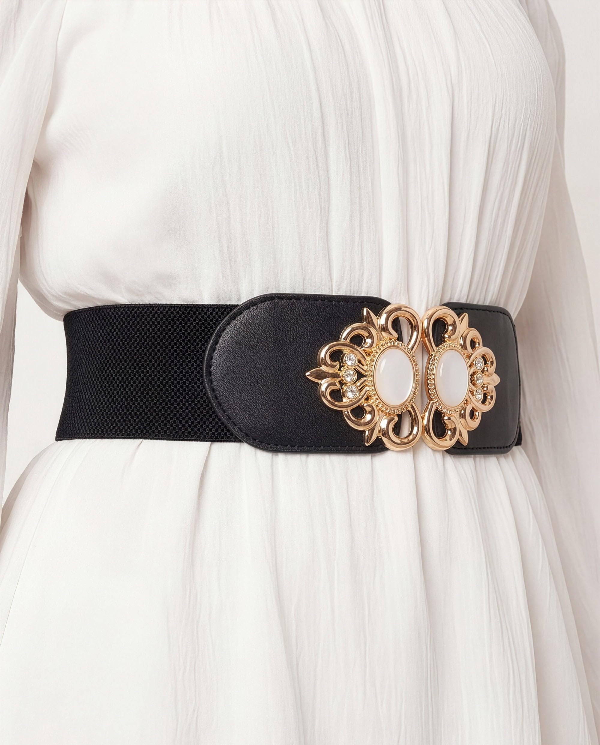 BlackButterfly Stretchy Vintage Wide Waspie Elastic Pearl Buckle Waist Belt - Image 4