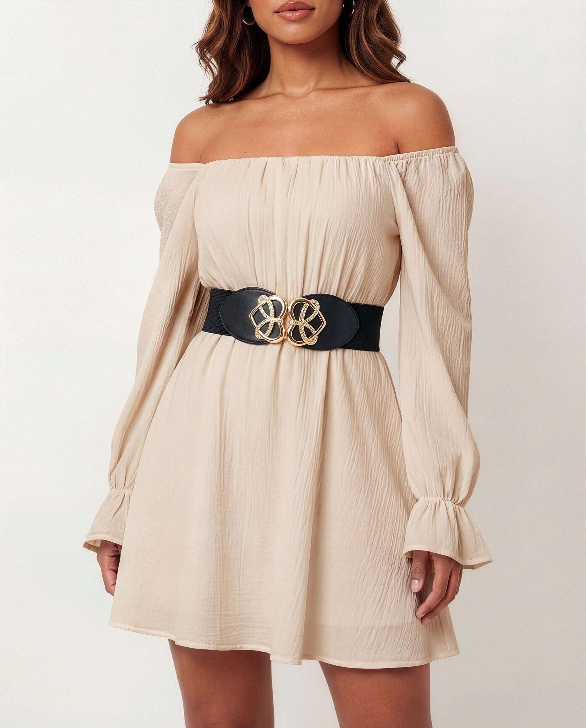 BlackButterfly Wide Elastic Cinch Stretch Waistband Retro Gold Heart Buckle Waist Belt - Image 2
