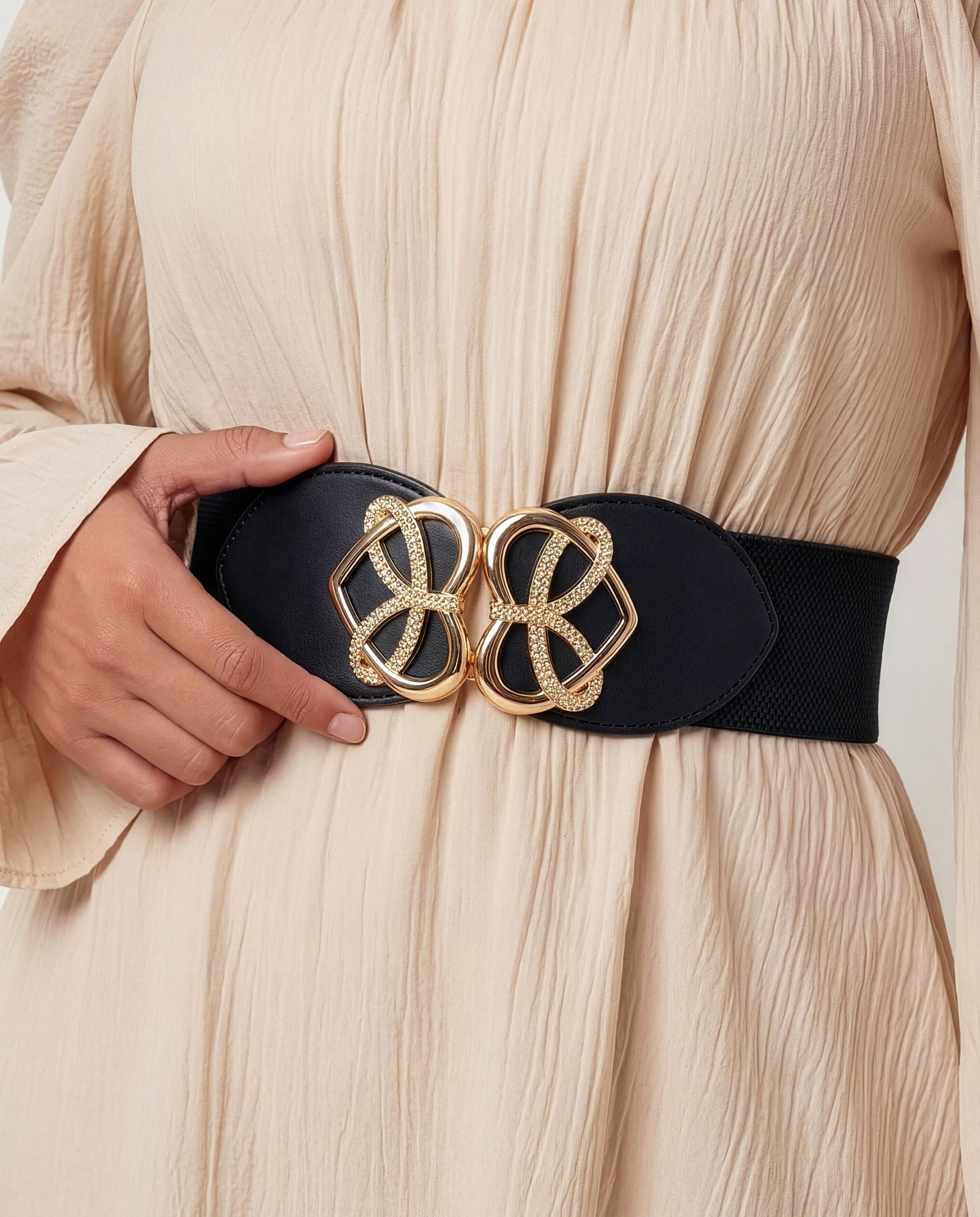 BlackButterfly Wide Elastic Cinch Stretch Waistband Retro Gold Heart Buckle Waist Belt - Image 4
