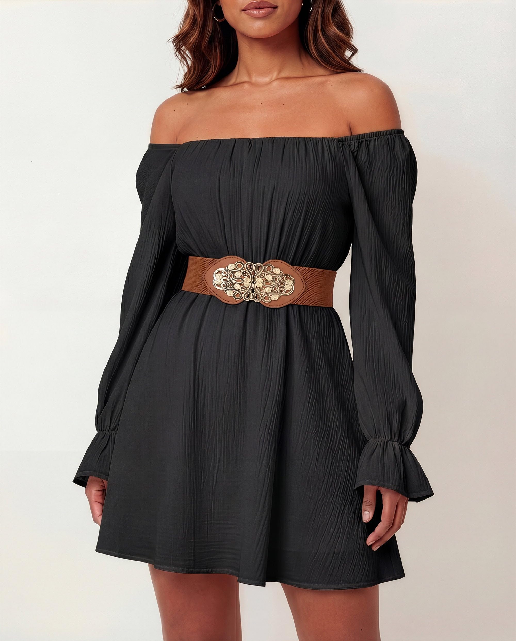BlackButterfly Wide Elastic Cinch Stretch Waistband Retro Gold Medusa Buckle Waist Belt - Image 2