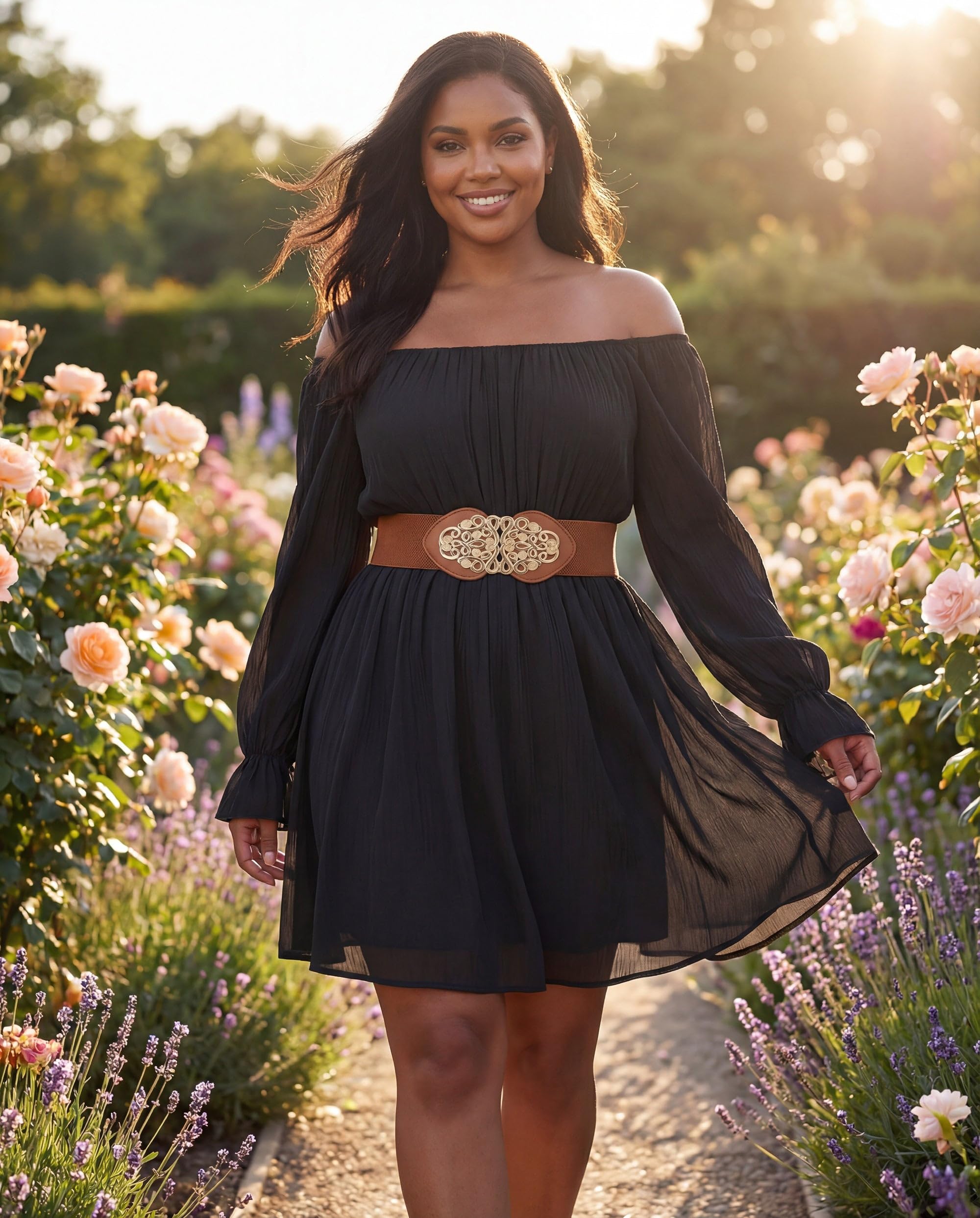 BlackButterfly Wide Elastic Cinch Stretch Waistband Retro Gold Medusa Buckle Waist Belt - Image 7