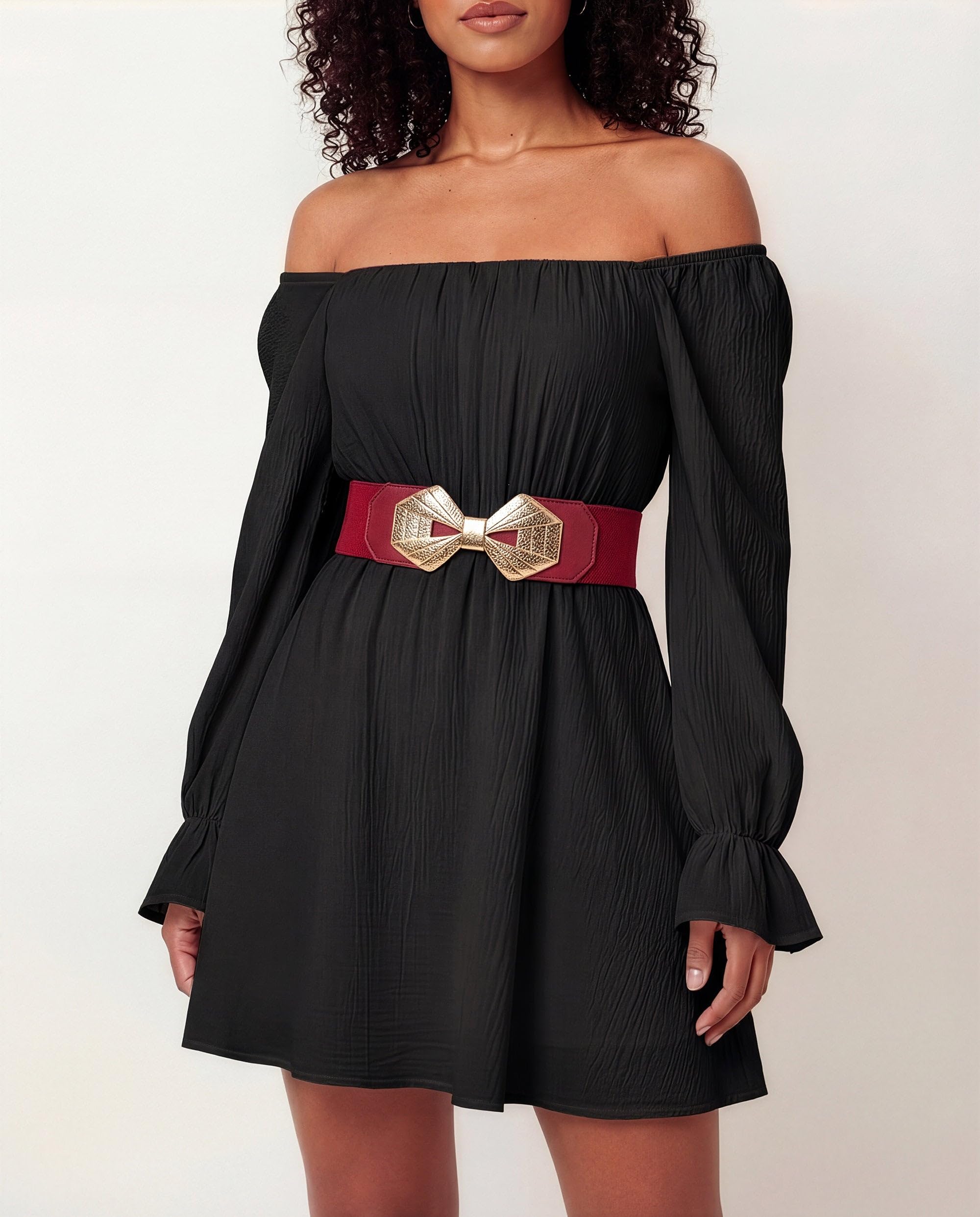 BlackButterfly Wide Elastic Cinch Stretch Waistband Retro Gold Bow Buckle Waist Belt - Image 2