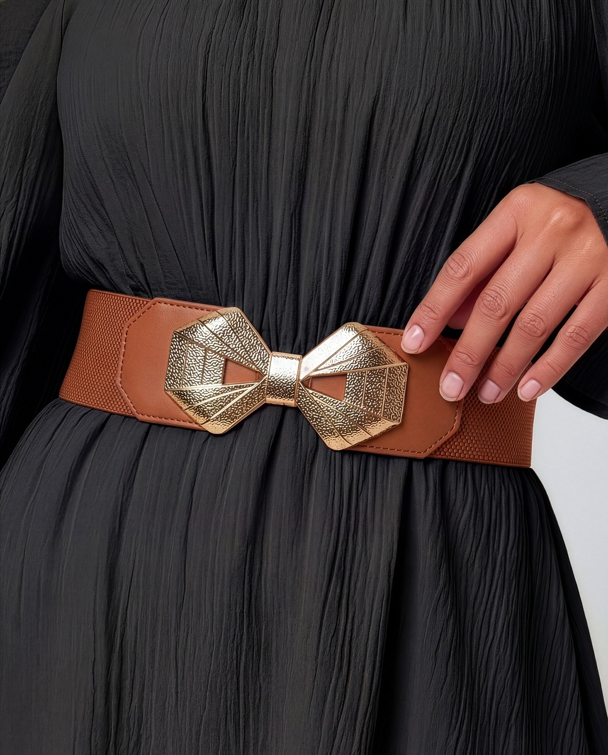 BlackButterfly Wide Elastic Cinch Stretch Waistband Retro Gold Bow Buckle Waist Belt - Image 4