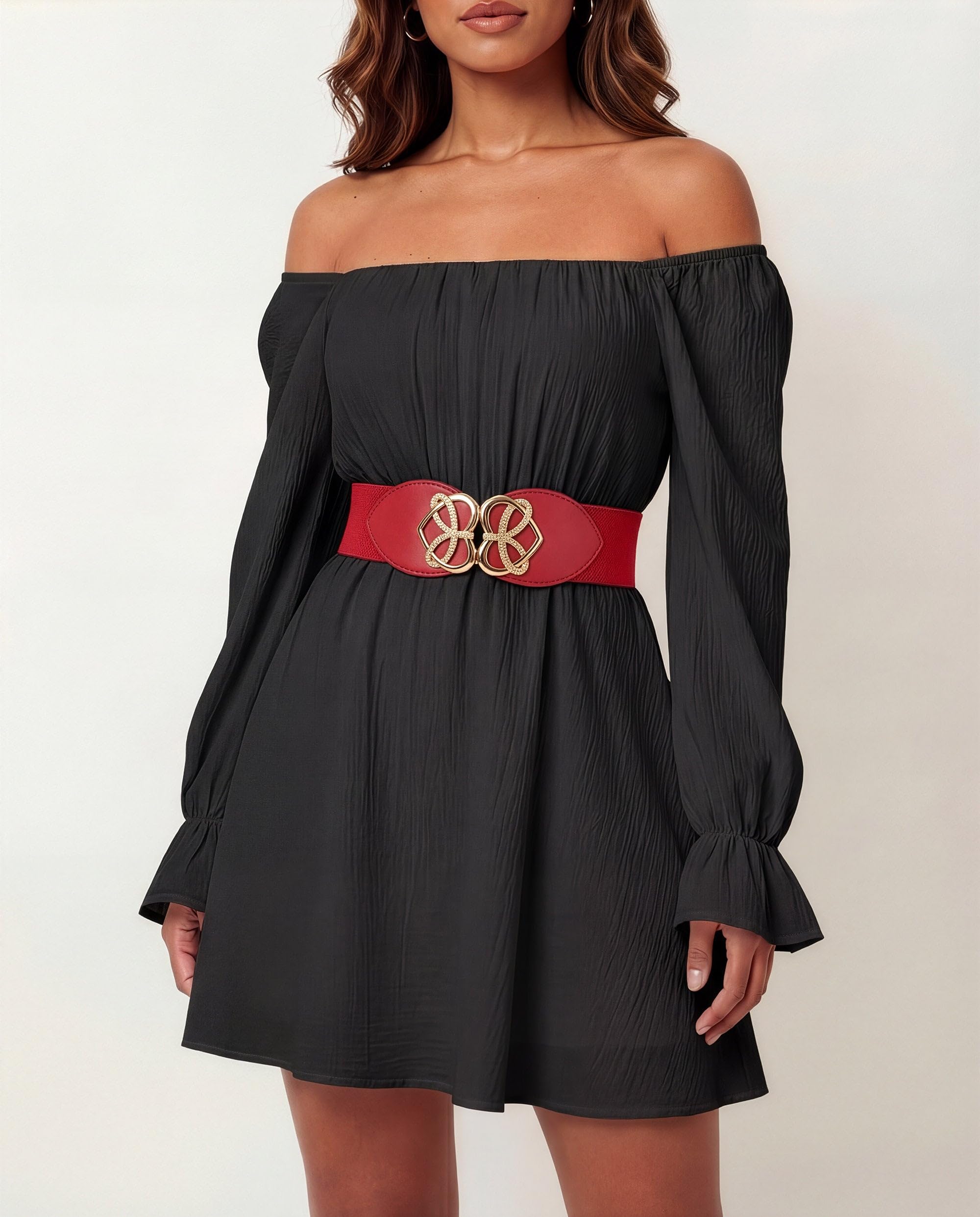 BlackButterfly Wide Elastic Cinch Stretch Waistband Retro Gold Heart Buckle Waist Belt - Image 2