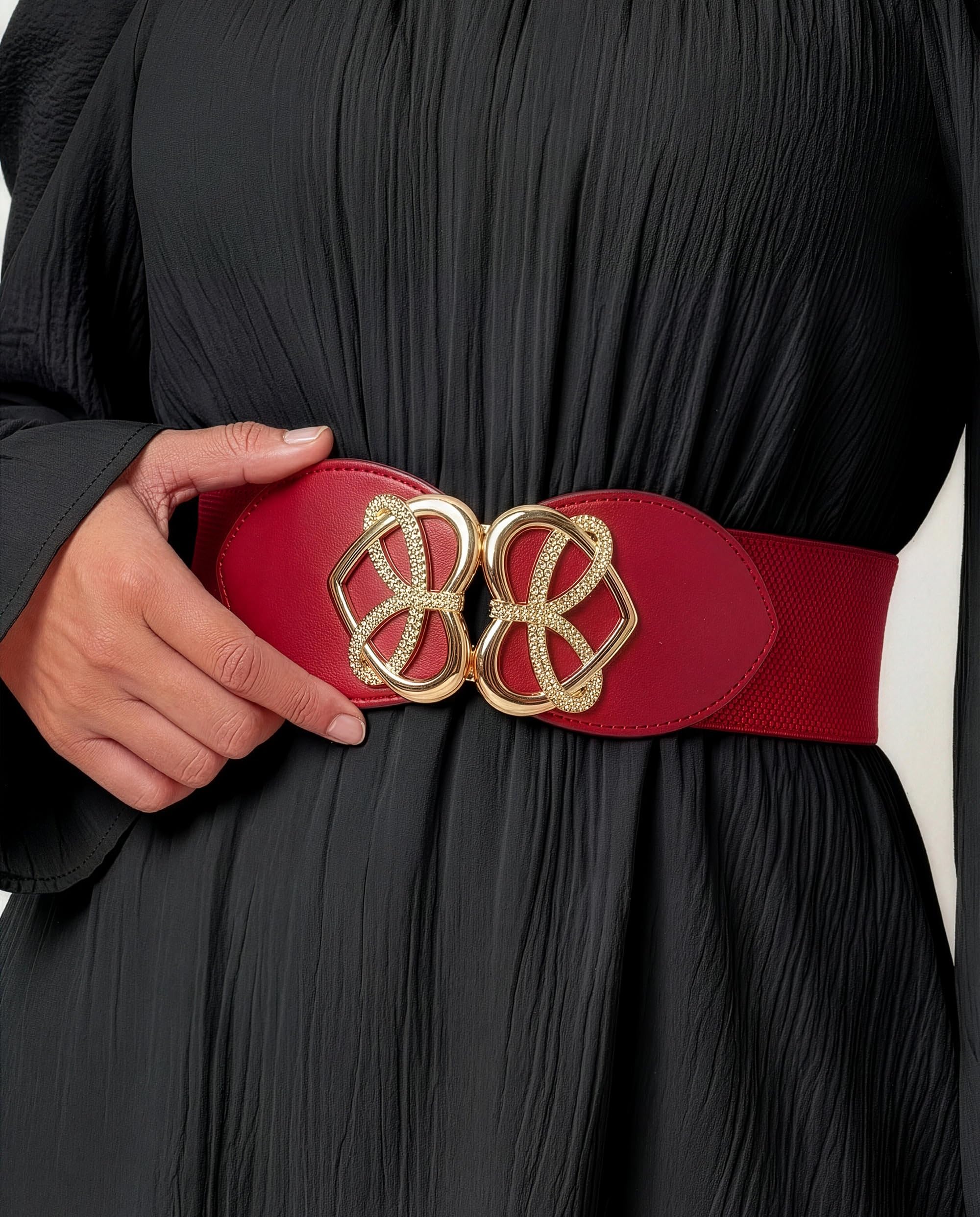 BlackButterfly Wide Elastic Cinch Stretch Waistband Retro Gold Heart Buckle Waist Belt - Image 4