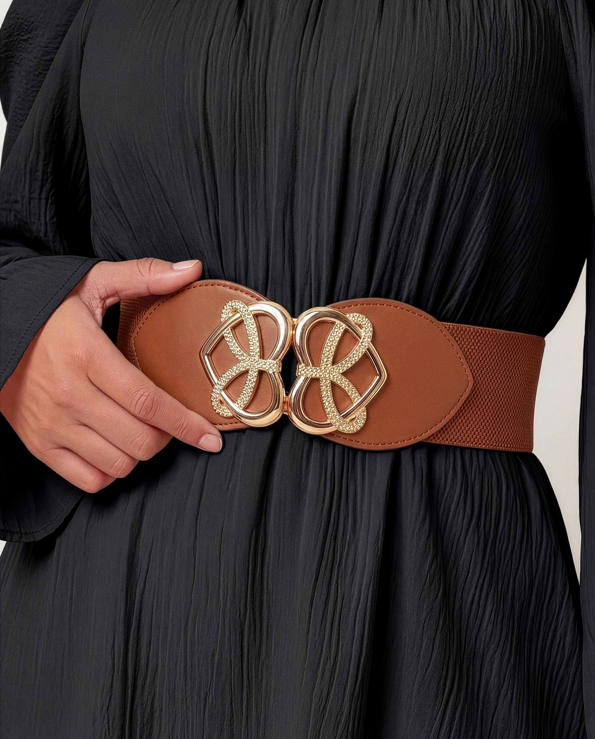 BlackButterfly Wide Elastic Cinch Stretch Waistband Retro Gold Heart Buckle Waist Belt - Image 4