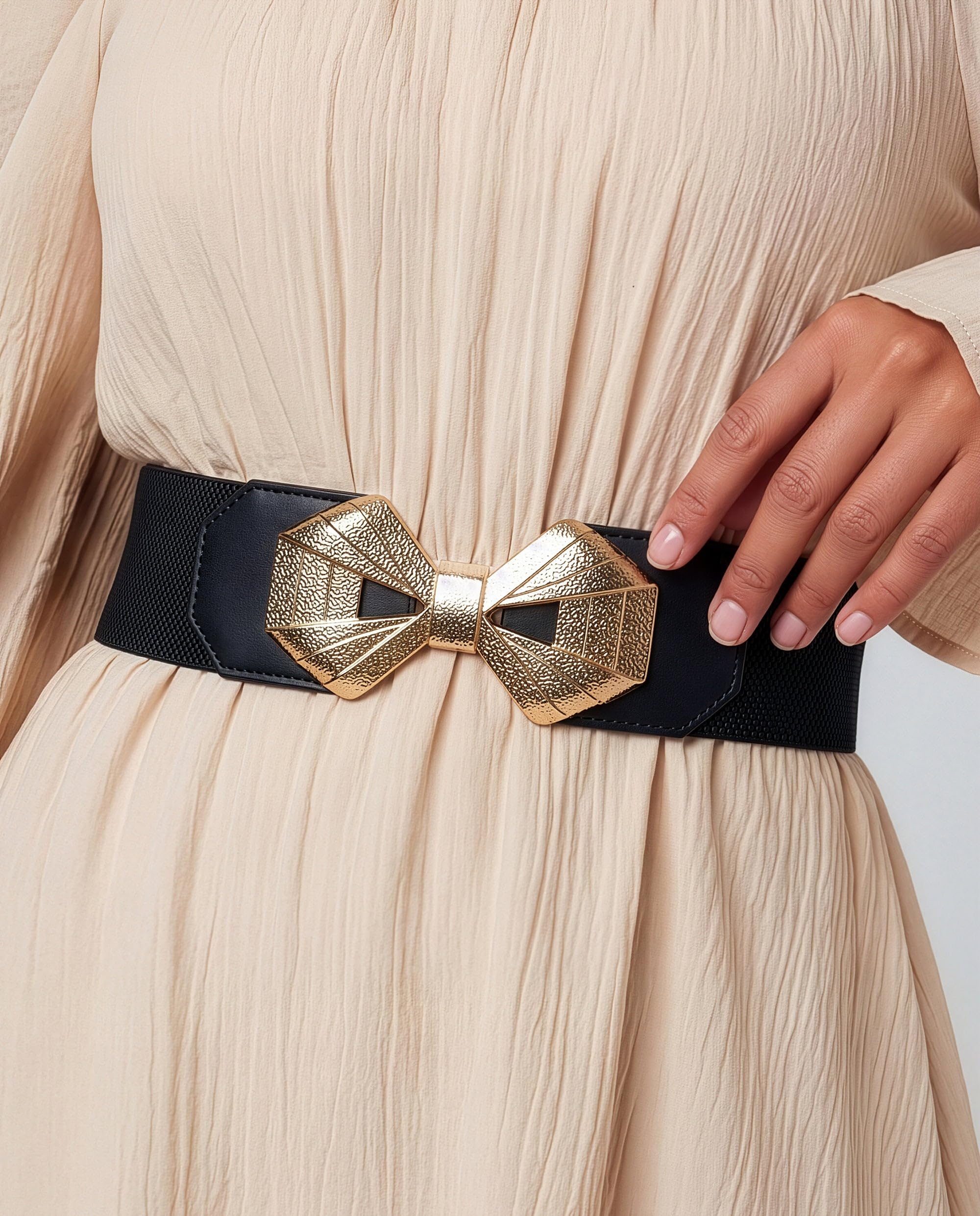 BlackButterfly Wide Elastic Cinch Stretch Waistband Retro Gold Bow Buckle Waist Belt - Image 4