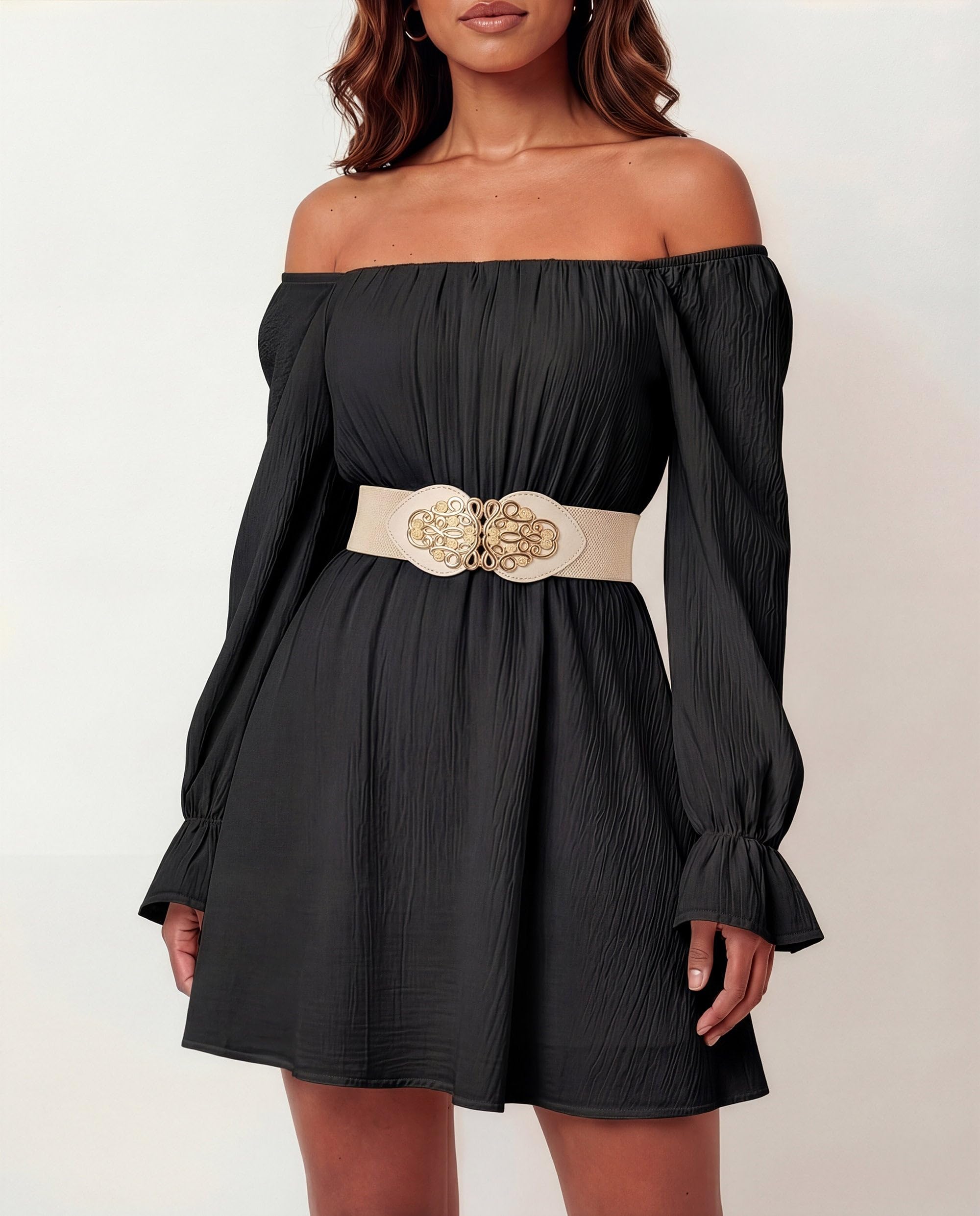 BlackButterfly Wide Elastic Cinch Stretch Waistband Retro Gold Medusa Buckle Waist Belt - Image 2