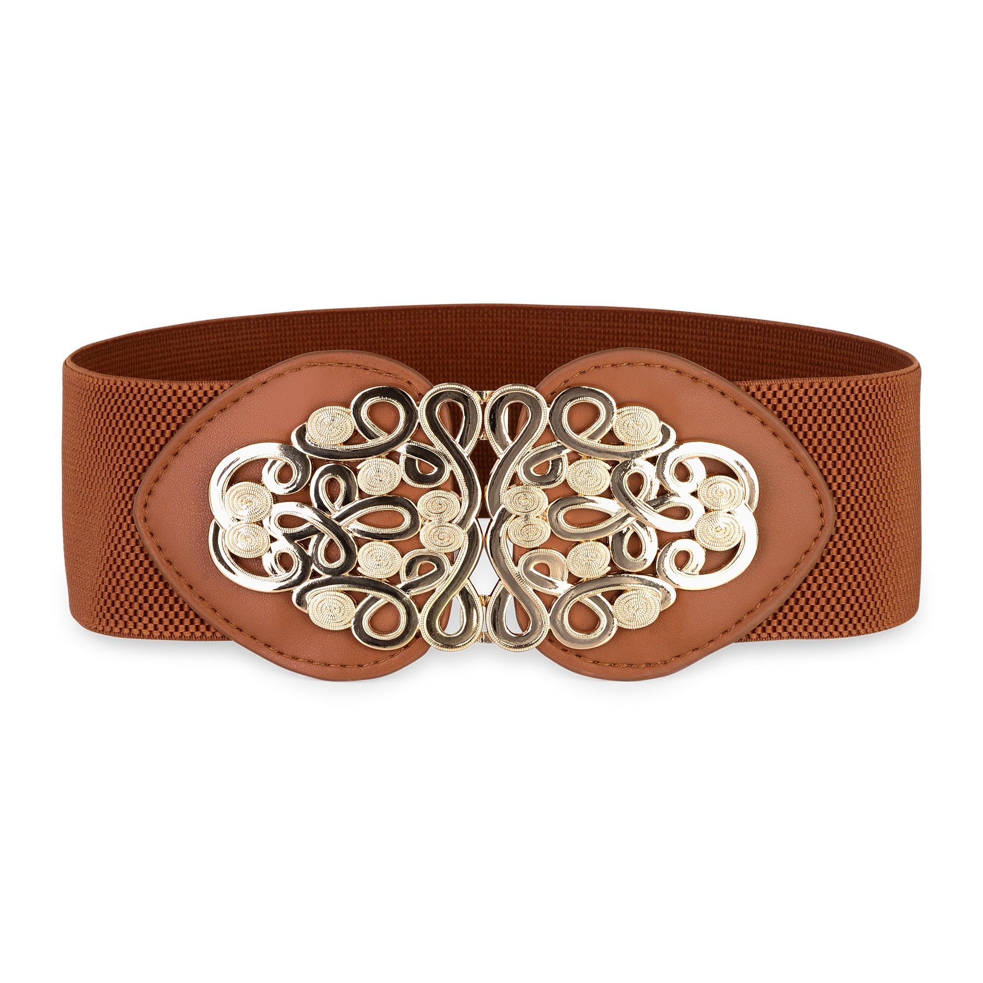 BlackButterfly Wide Elastic Cinch Stretch Waistband Retro Gold Medusa Buckle Waist Belt