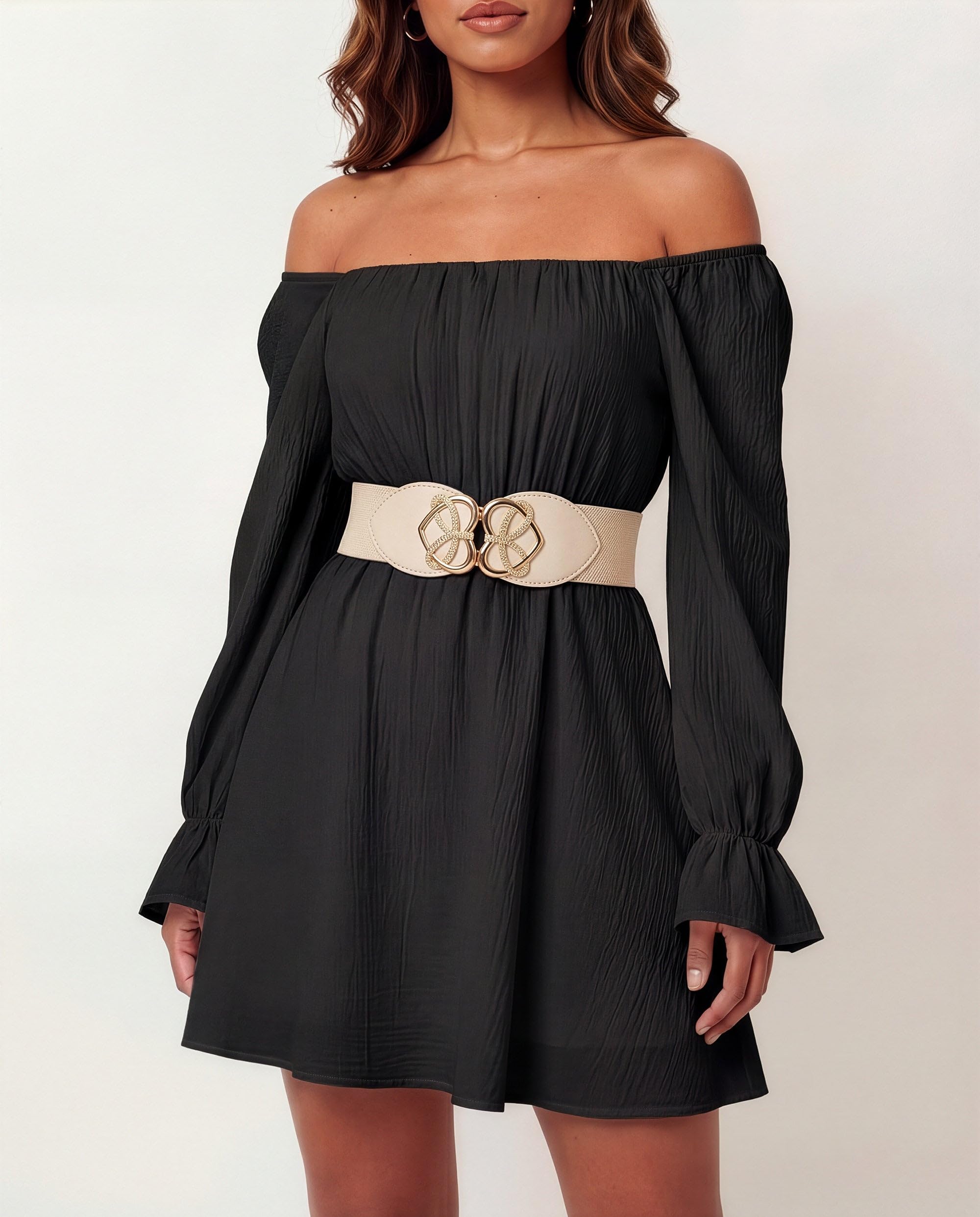 BlackButterfly Wide Elastic Cinch Stretch Waistband Retro Gold Heart Buckle Waist Belt - Image 2